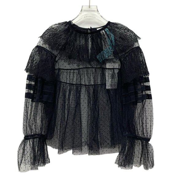 HW0100 Dior Black Polka Dot Mulberry Silk Round Neck Long Sleeve Mesh Shirt 36 X - Picture 1 of 6